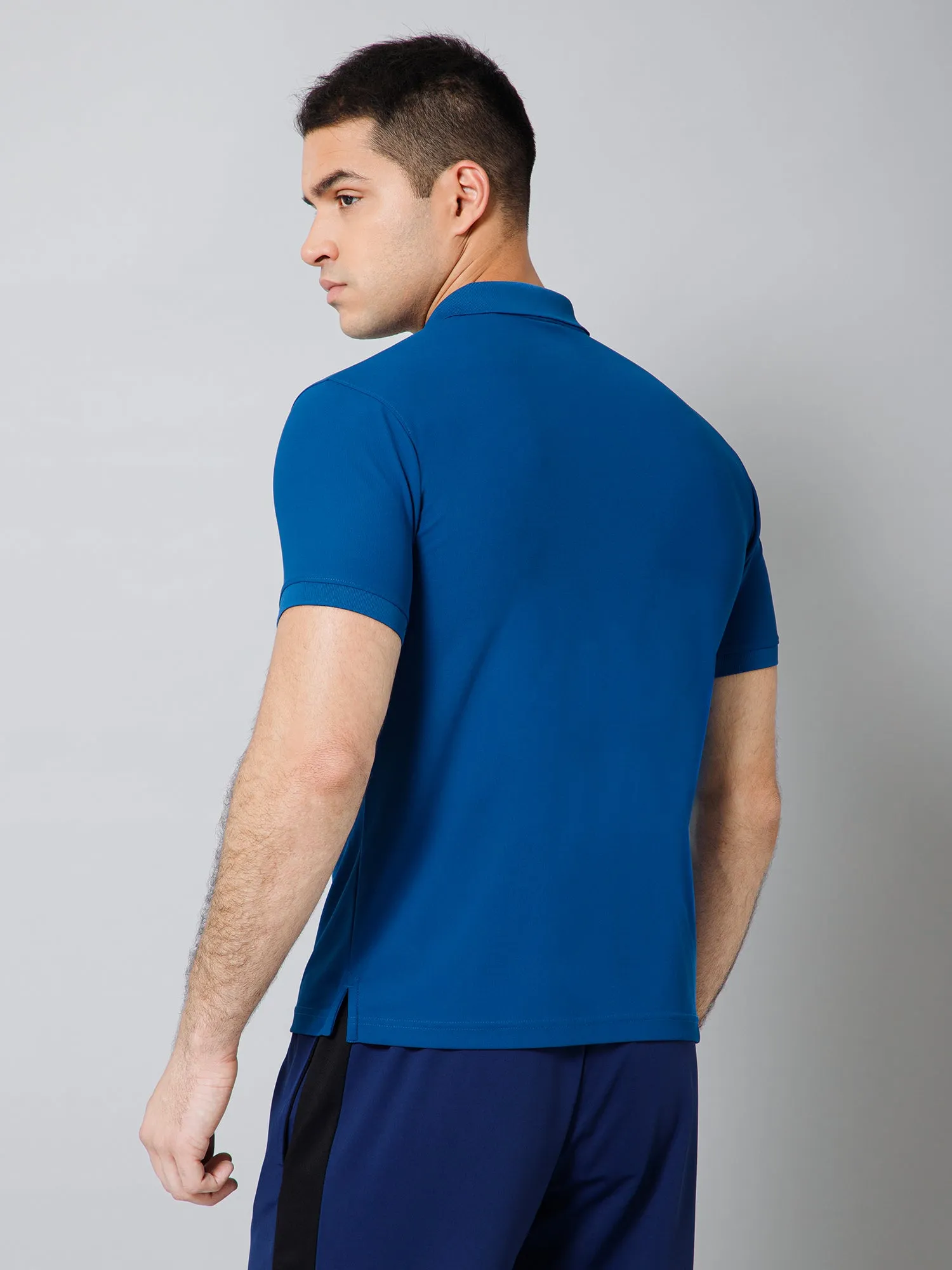 Regular Fit Solid Polo Neck Half Sleeve Blue Active Wear T-Shirt for Men