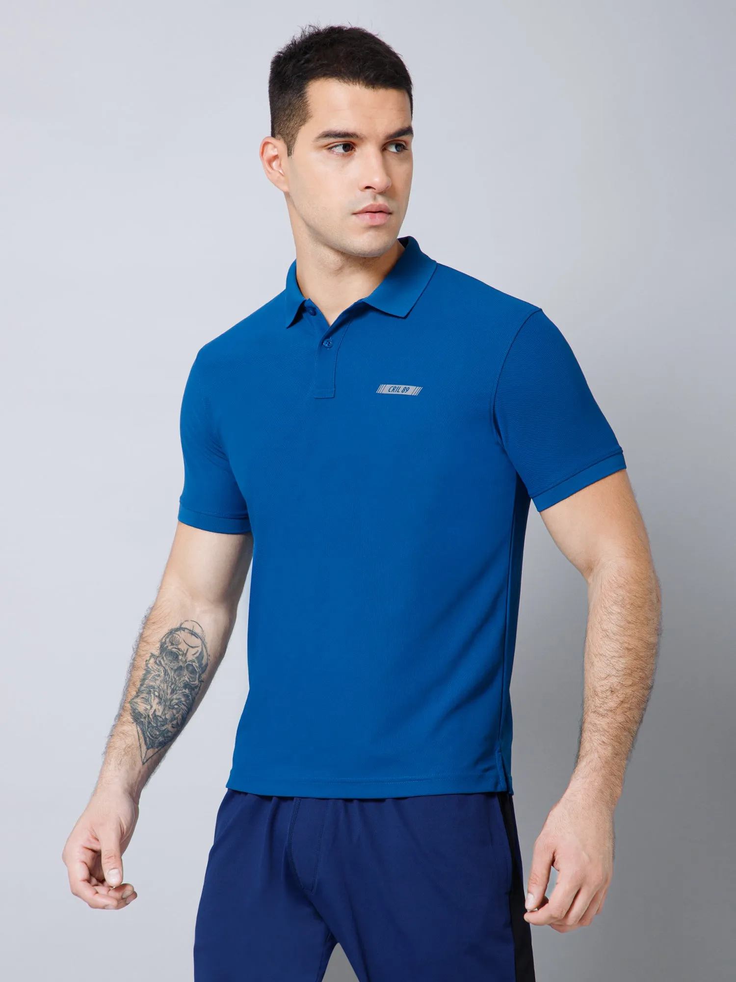 Regular Fit Solid Polo Neck Half Sleeve Blue Active Wear T-Shirt for Men