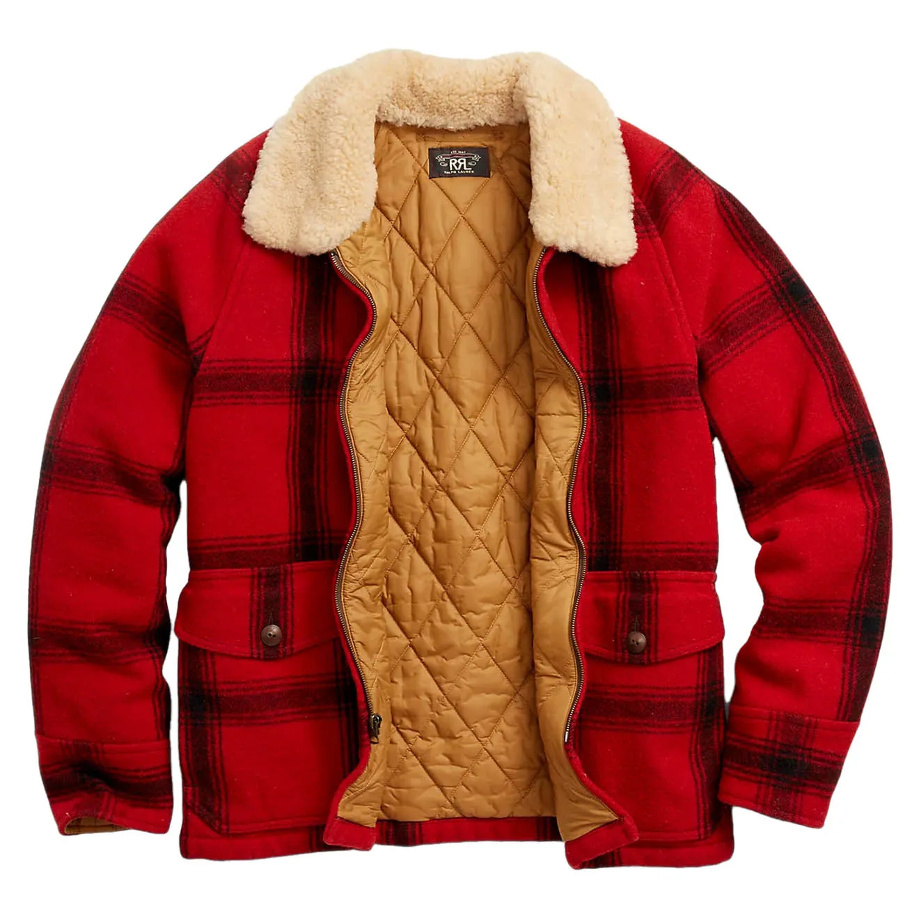 RRL by Ralph Lauren Shearling-Collar Plaid Wool Jacket Red / Black Multi