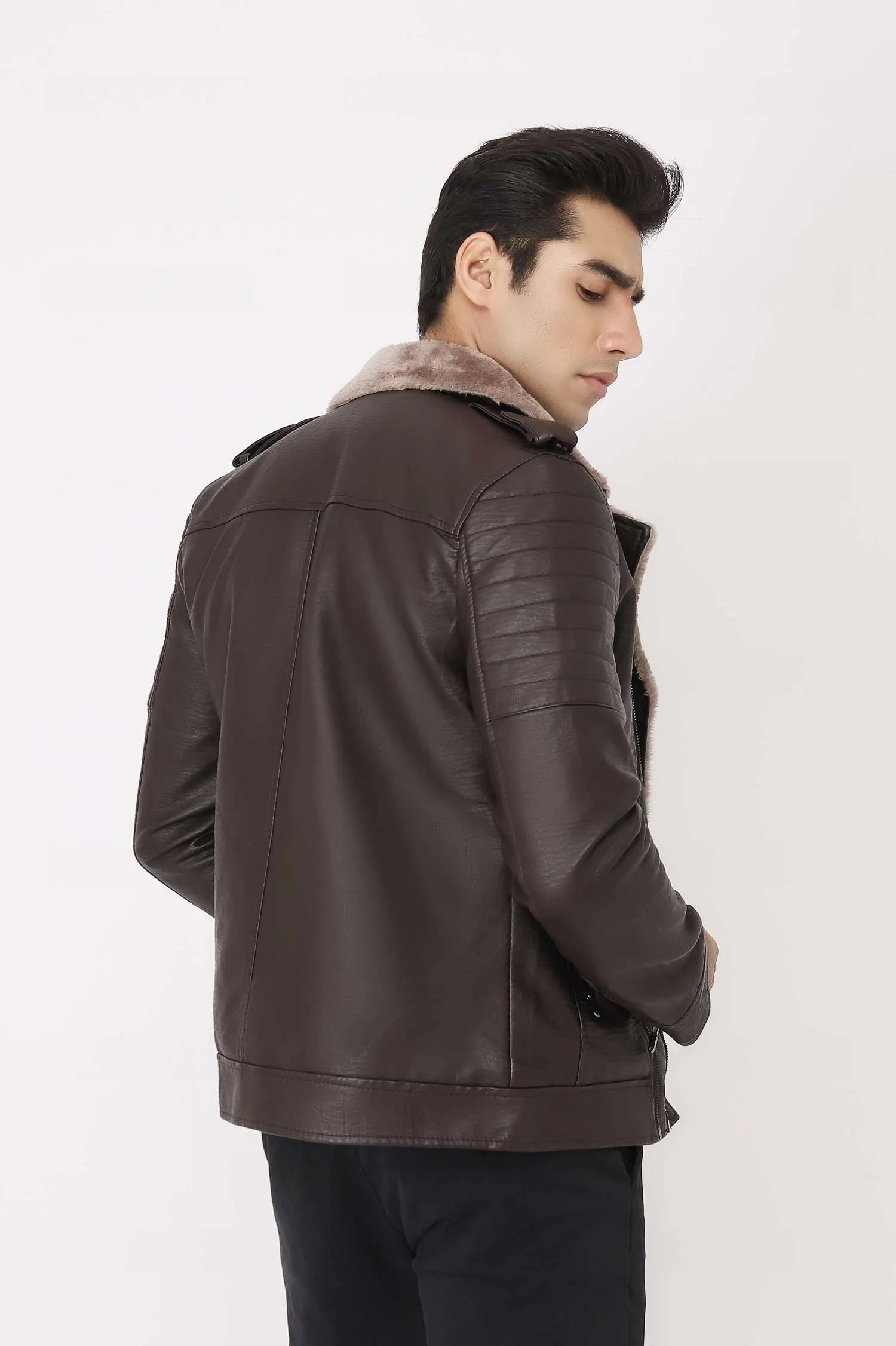 SHEARLING-LINED FAUX LEATHER BIKER JACKET-COFFEE