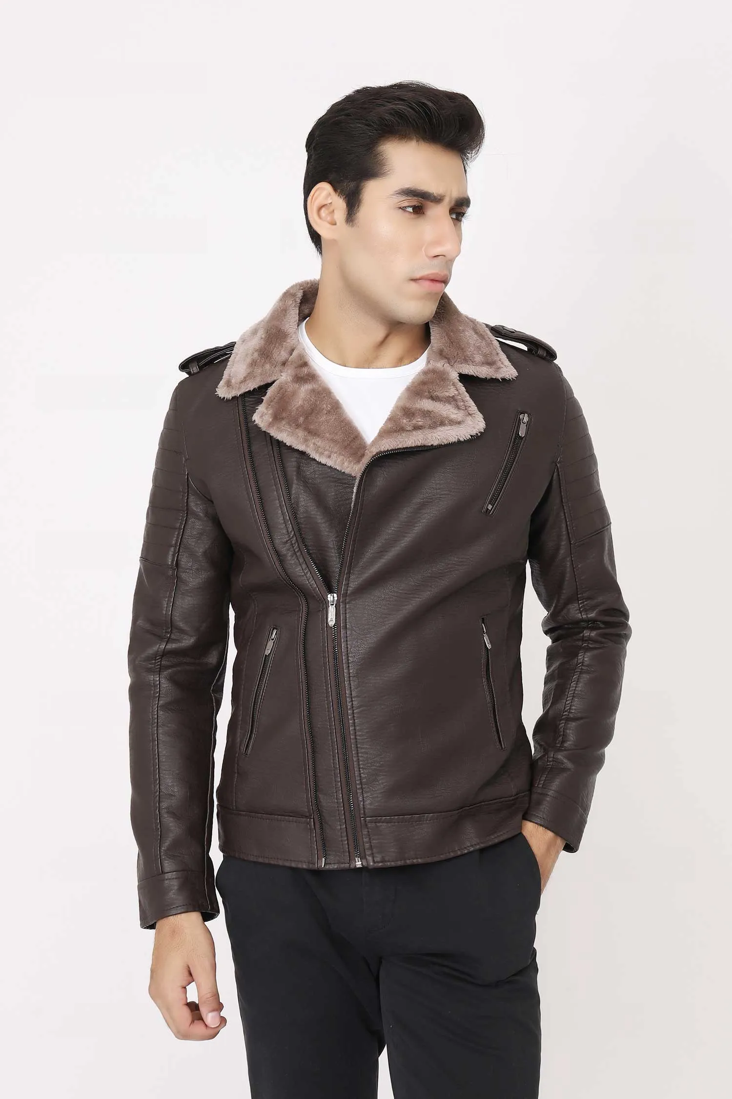 SHEARLING-LINED FAUX LEATHER BIKER JACKET-COFFEE