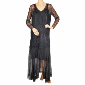 Vintage 1920s Evening Gown Black Lace and Silk Chiffon Dress Size Medium