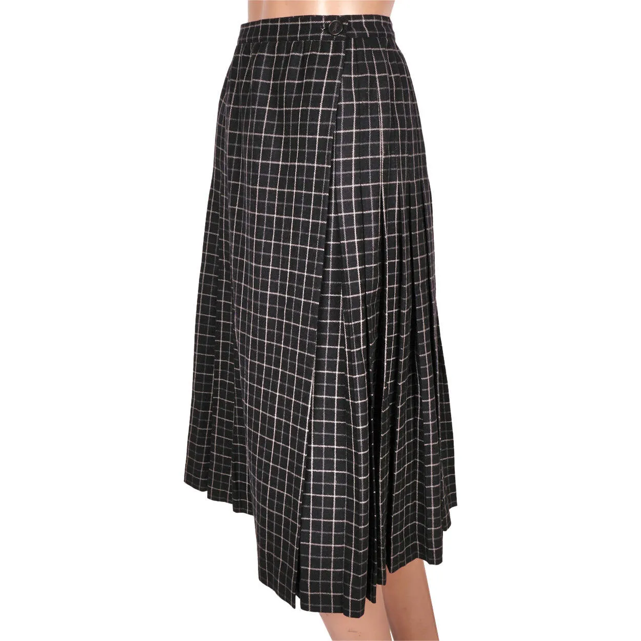 Vintage Yves Saint Laurent Paris Wool Kilt Style Wrap Skirt Black w Check Size S