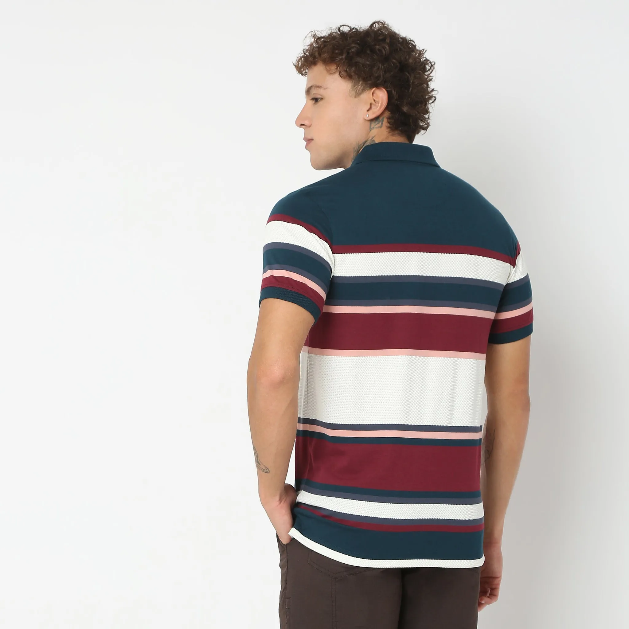 Weekend Polo™ - Exclusive Jacquard Stripes Pattern Zip Neck Regular Fit Polo T-Shirt