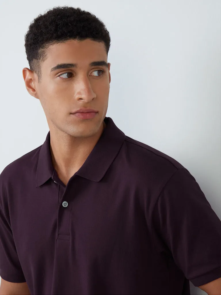 WES Casuals Plum Cotton Blend Slim-Fit Polo T-Shirt