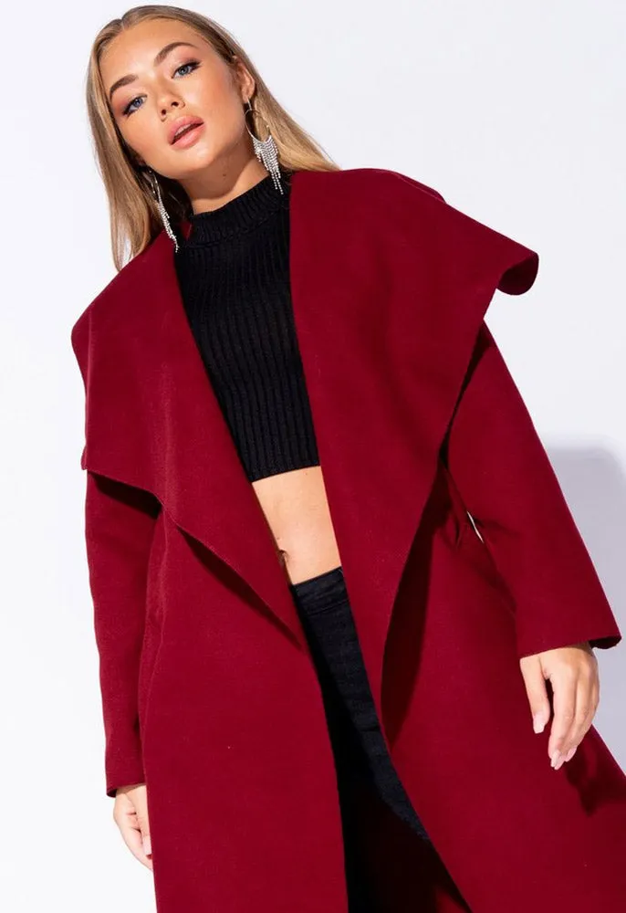 Wine Plus Size Waterfall Collar Belted Duster Coat