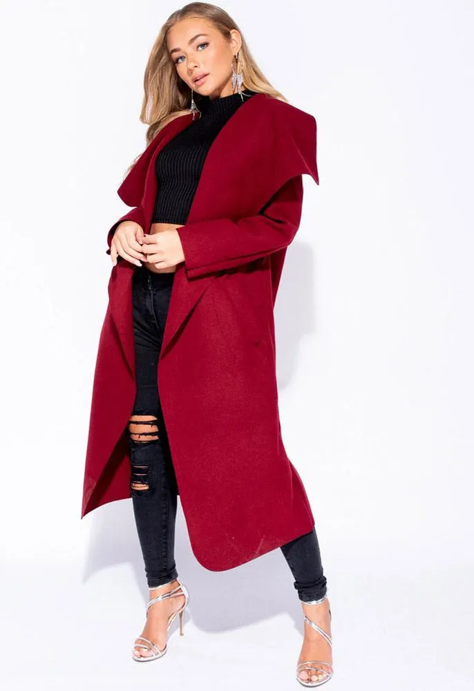 Wine Plus Size Waterfall Collar Belted Duster Coat