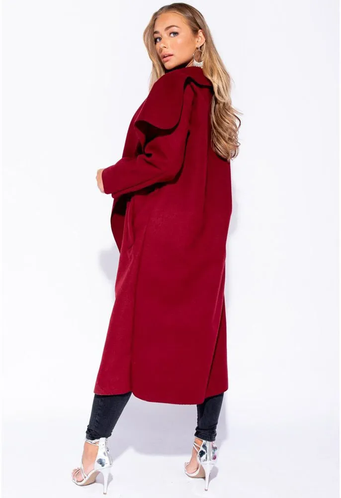 Wine Plus Size Waterfall Collar Belted Duster Coat