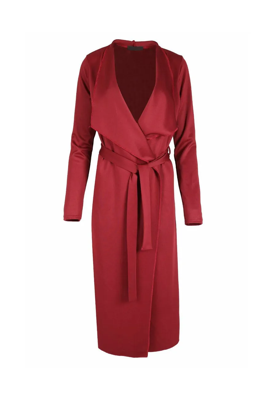 Wine Plus Size Waterfall Collar Belted Duster Coat