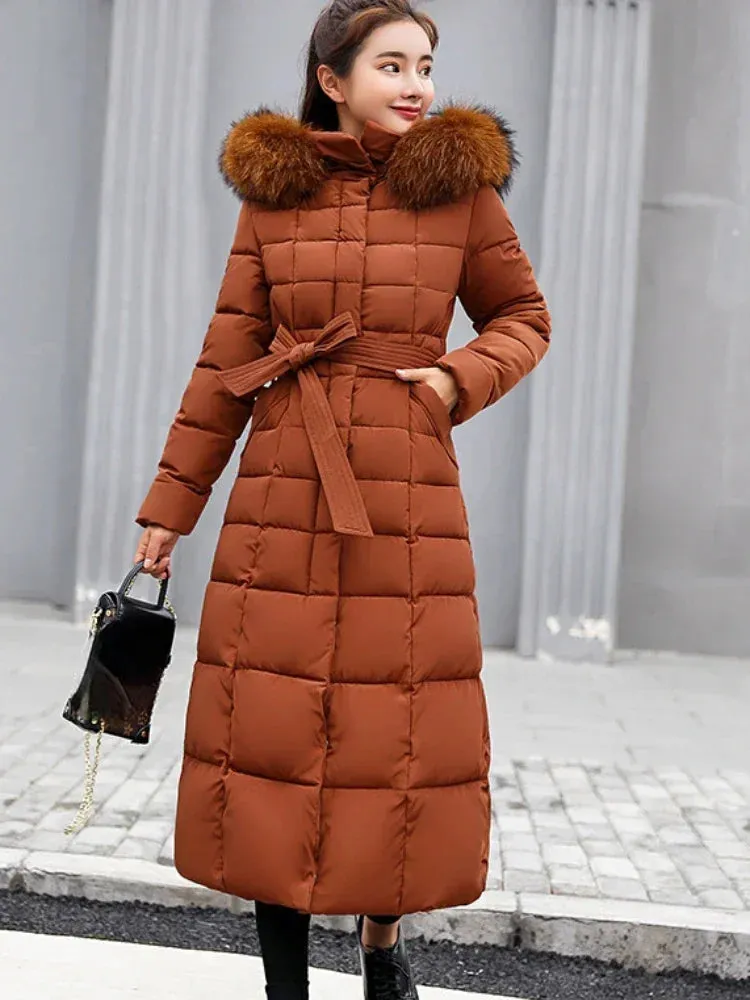 Women's Korean Style Belted Slim Fit Padded Parka with Faux Fur Hood