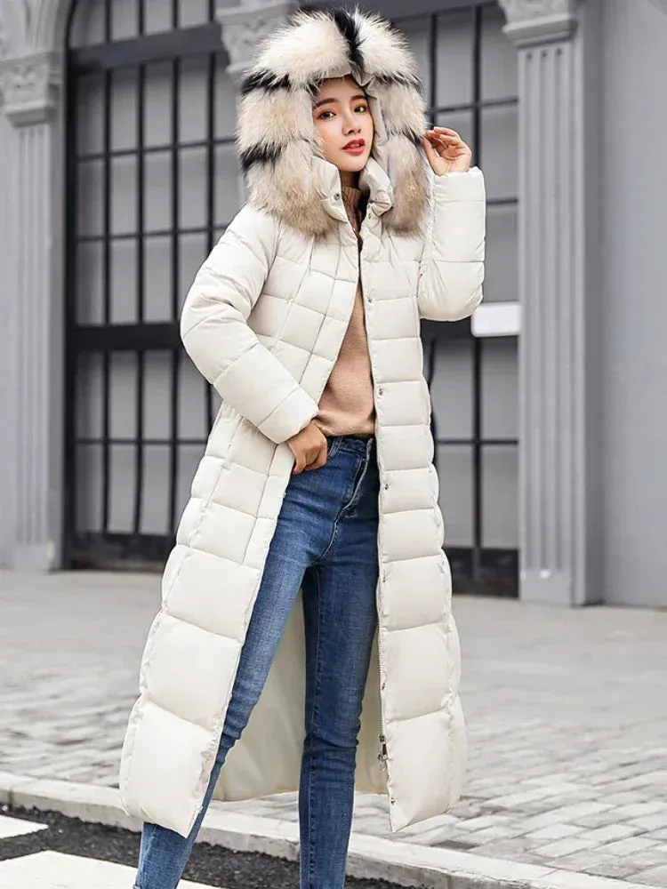 Women's Korean Style Belted Slim Fit Padded Parka with Faux Fur Hood