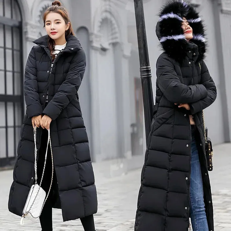 Women's Korean Style Belted Slim Fit Padded Parka with Faux Fur Hood