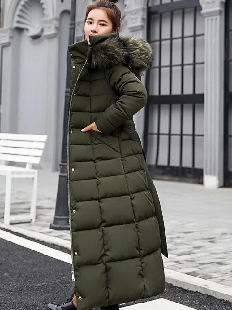 Women's Korean Style Belted Slim Fit Padded Parka with Faux Fur Hood