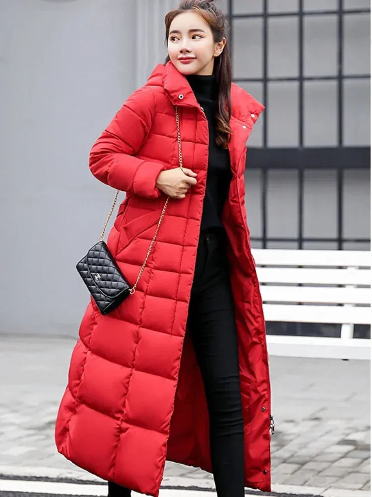 Women's Korean Style Belted Slim Fit Padded Parka with Faux Fur Hood