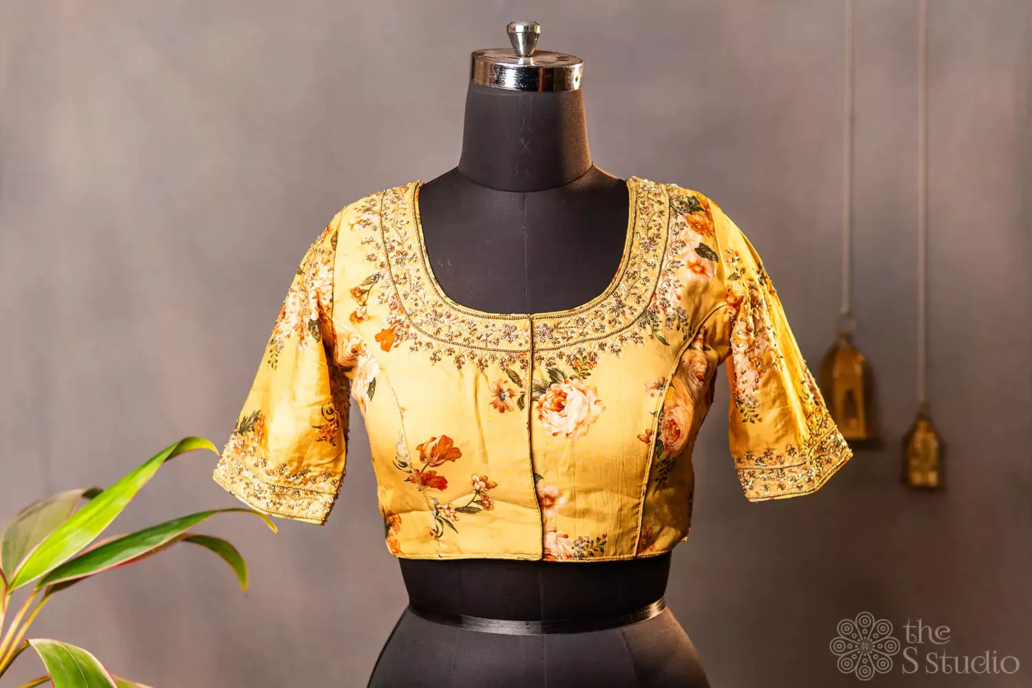 Yellow printed semi silk readymade blouse with hand embroidery