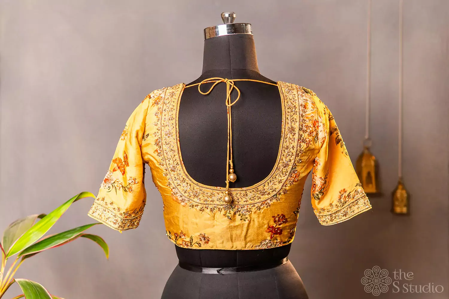 Yellow printed semi silk readymade blouse with hand embroidery