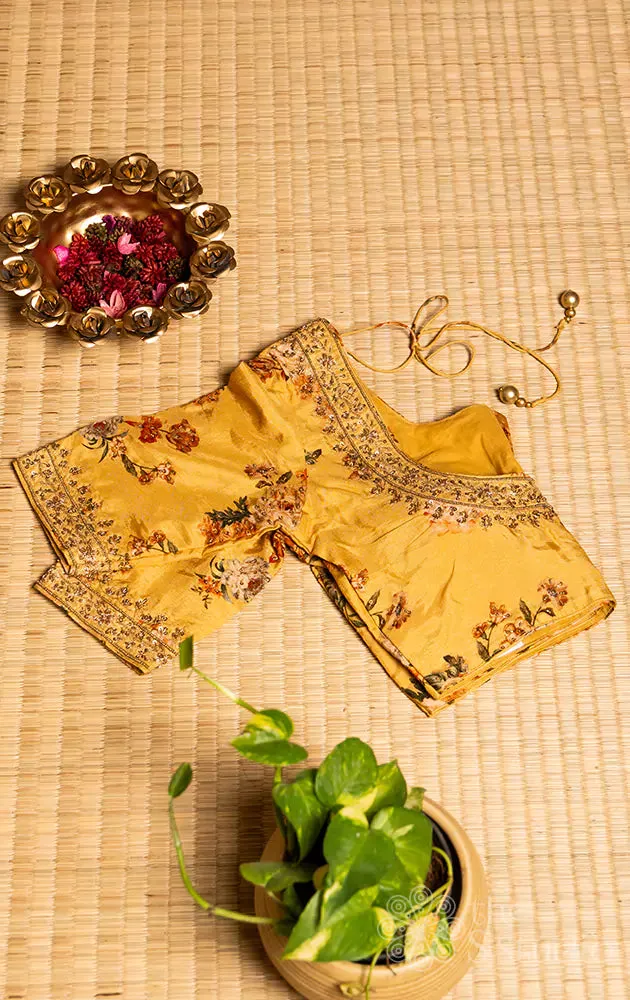 Yellow printed semi silk readymade blouse with hand embroidery